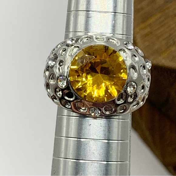 Citrine yellow glass chunky domed cocktail ring silver tone sz 7 - Picture 6 of 14